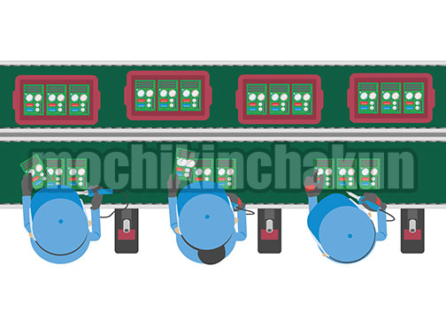 生産ラインで組み立て作業をする工員たち