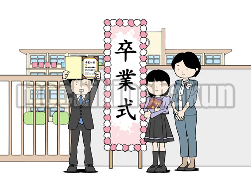 小学校校門前で卒業記念撮影(カラー) 